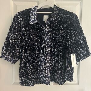 Maeve Anthropologie Dark Blue and White Patterned velvet Blouse